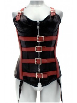 CORSET NEGRO C/ ROJO,CUERO HEBILLAS C/TANGA TM