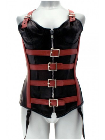 CORSET NEGRO C/ ROJO,CUERO HEBILLAS C/TANGA TM