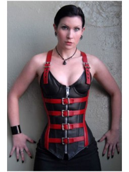 CORSET NEGRO C/ ROJO,CUERO HEBILLAS C/TANGA TM