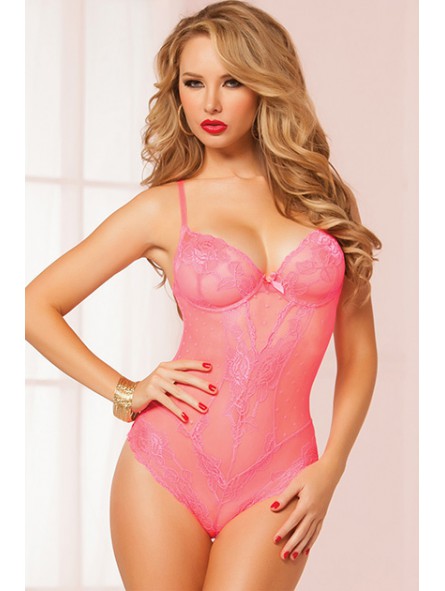 GALLON LACE & DOTTED MESH TEDDY CORAL CORAL M
