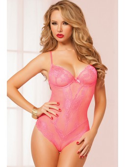 GALLON LACE & DOTTED MESH TEDDY CORAL S