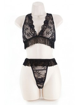 LACE BRA & G W/FRINGE BLACK 2XL