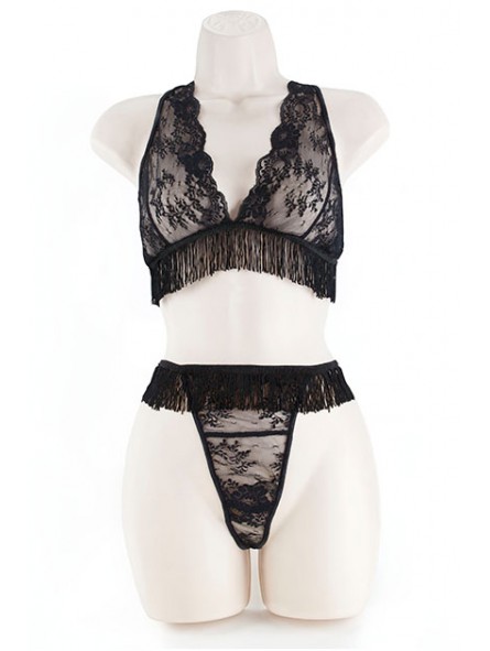 LACE BRA & G W/FRINGE BLACK 2XL
