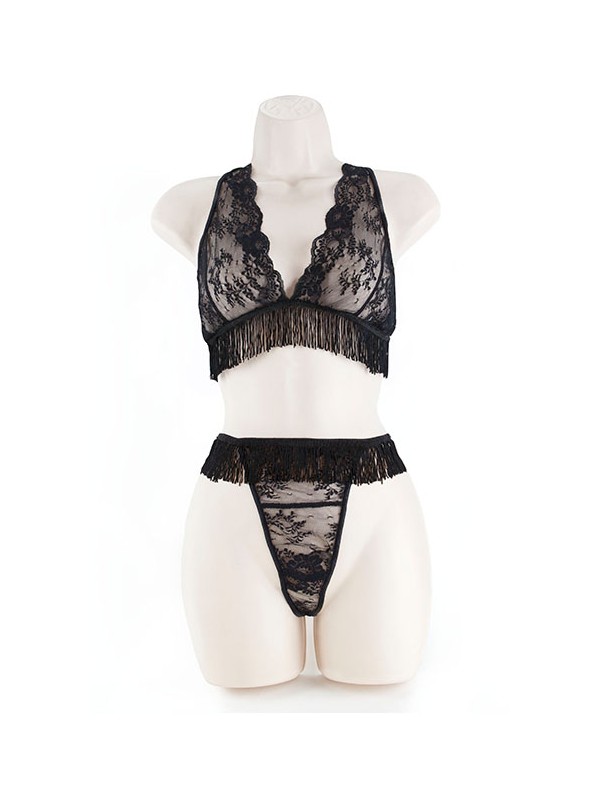 LACE BRA & G W/FRINGE BLACK 2XL