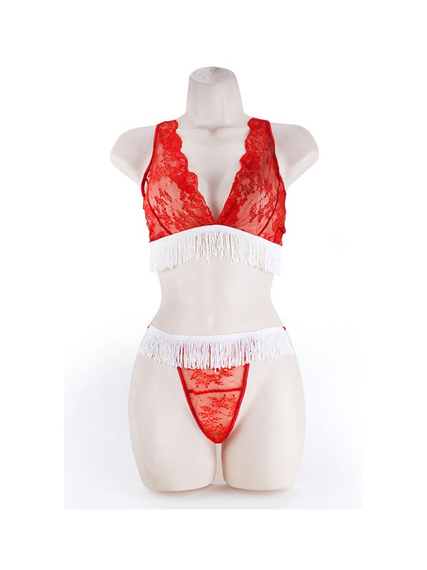 LACE BRA & G W/FRINGE RED 2XL