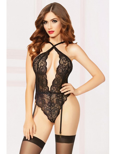 Lace Teddy W/Garter & Thigh High Black O/S