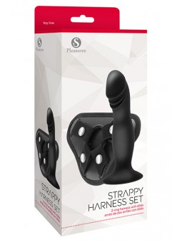 Strappy Harness Set - 2 Ring Harness With Dildo Black
